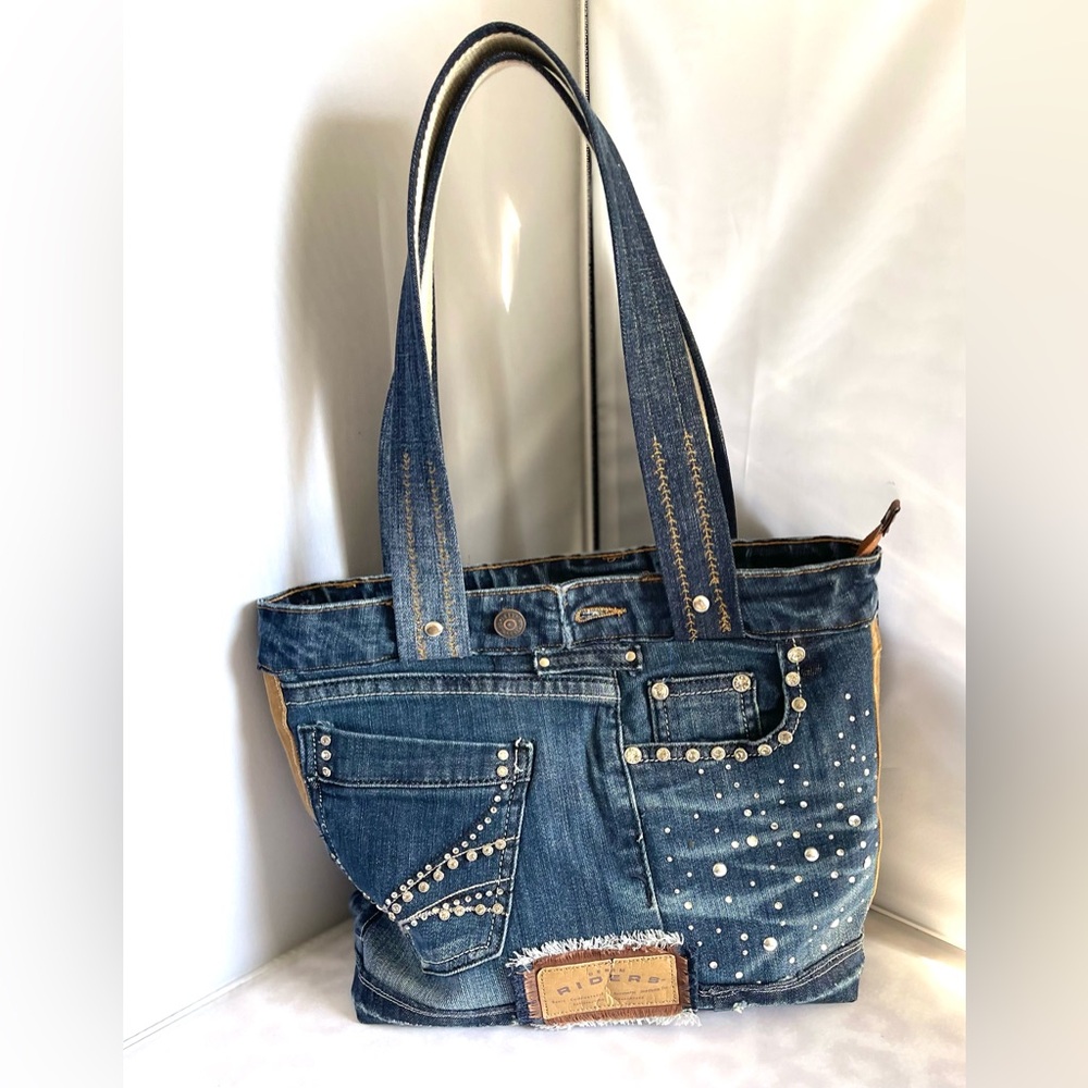Denim bag patchwork shoulder bag upcycled jeans boho bag